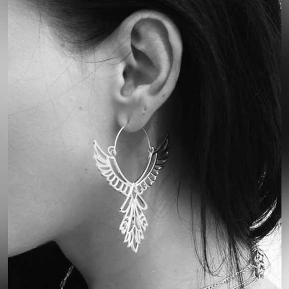 “Thunderbird” Phoenix Silver Guardian Angel Festival Native American Wing Hoops - Picture 6 of 11